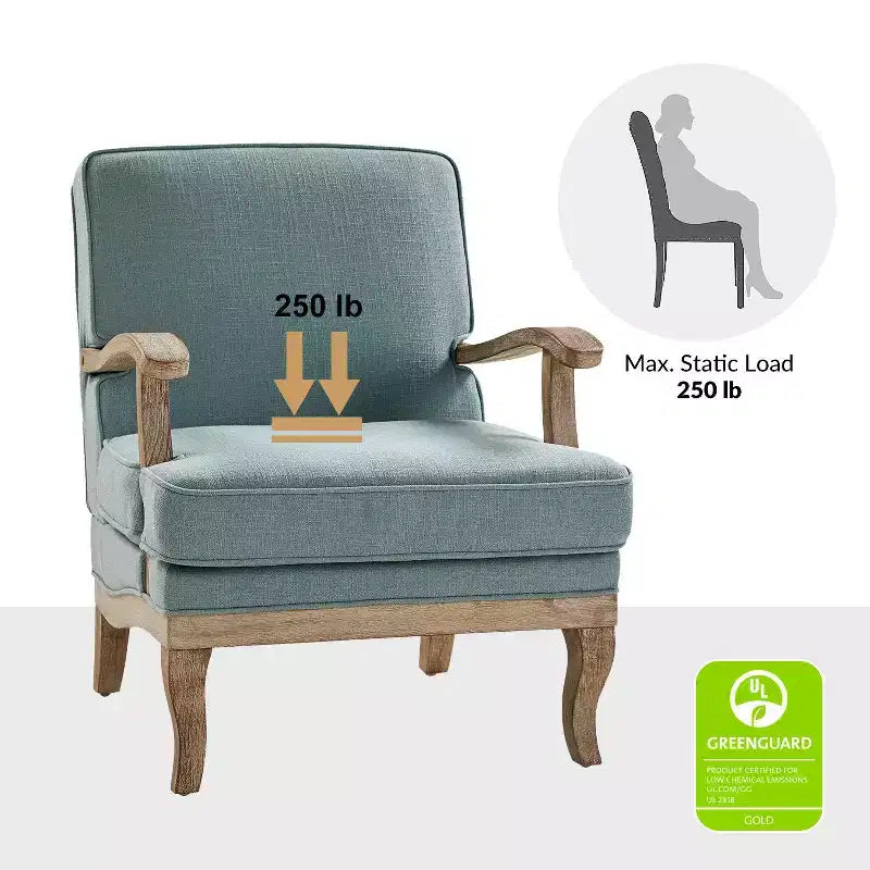 Fauteuil rembourré de style Ferme avec accoudoirs – Bleu / Gris / Ivoire / Lin / Étain, 1 place