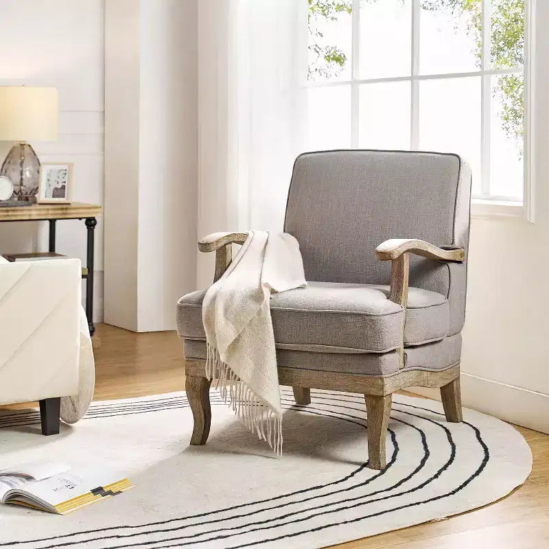 Fauteuil rembourré de style Ferme avec accoudoirs – Bleu / Gris / Ivoire / Lin / Étain, 1 place