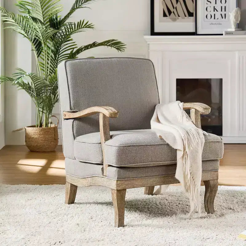 Fauteuil rembourré de style Ferme avec accoudoirs – Bleu / Gris / Ivoire / Lin / Étain, 1 place