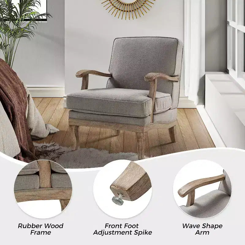 Fauteuil rembourré de style Ferme avec accoudoirs – Bleu / Gris / Ivoire / Lin / Étain, 1 place