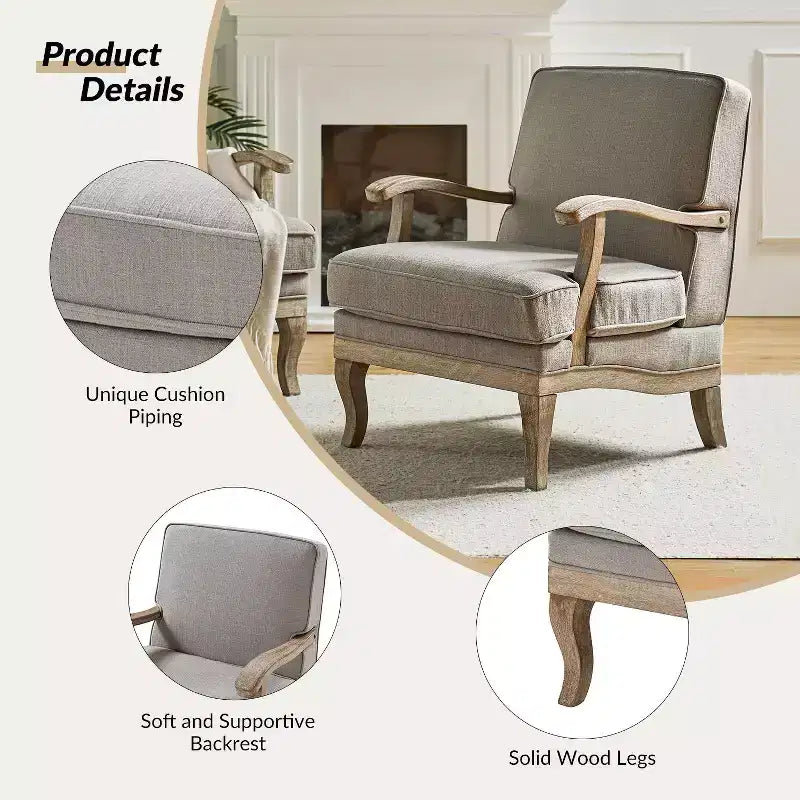 Fauteuil rembourré de style Ferme avec accoudoirs – Bleu / Gris / Ivoire / Lin / Étain, 1 place