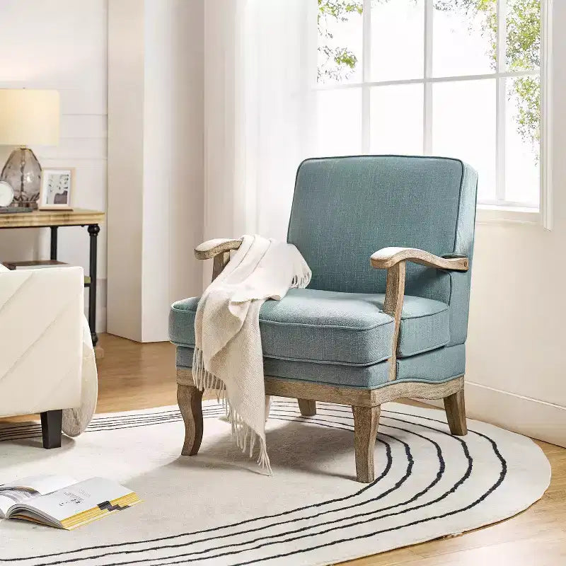 Fauteuil rembourré de style Ferme avec accoudoirs – Bleu / Gris / Ivoire / Lin / Étain, 1 place