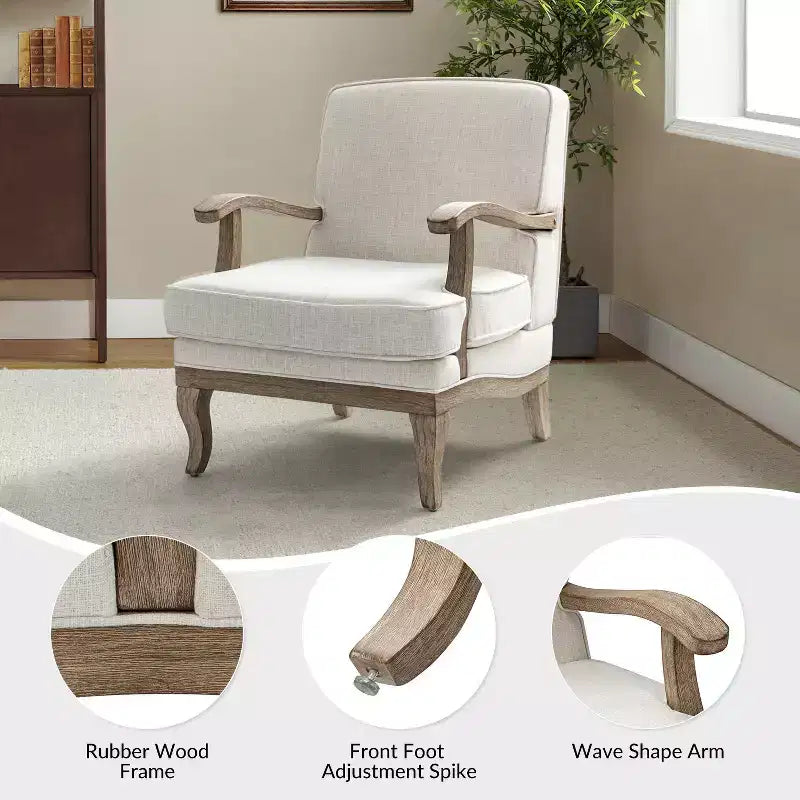 Fauteuil rembourré de style Ferme avec accoudoirs – Bleu / Gris / Ivoire / Lin / Étain, 1 place