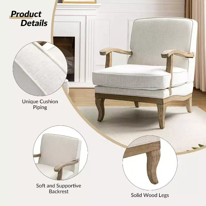 Fauteuil rembourré de style Ferme avec accoudoirs – Bleu / Gris / Ivoire / Lin / Étain, 1 place