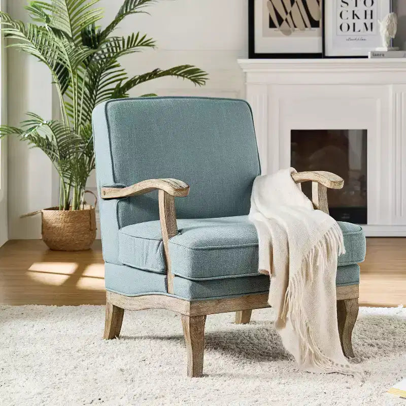 Fauteuil rembourré de style Ferme avec accoudoirs – Bleu / Gris / Ivoire / Lin / Étain, 1 place