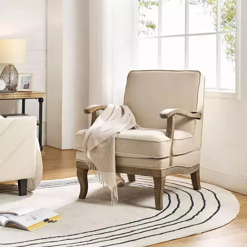 Fauteuil rembourré de style Ferme avec accoudoirs – Bleu / Gris / Ivoire / Lin / Étain, 1 place