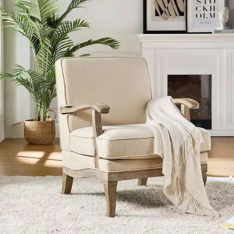 Fauteuil rembourré de style Ferme avec accoudoirs – Bleu / Gris / Ivoire / Lin / Étain, 1 place