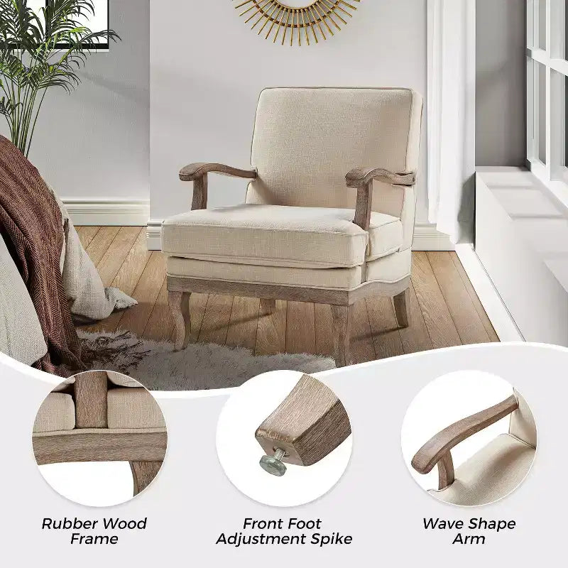 Fauteuil rembourré de style Ferme avec accoudoirs – Bleu / Gris / Ivoire / Lin / Étain, 1 place