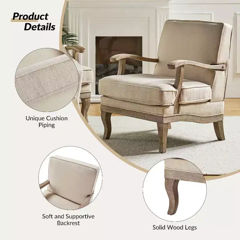 Fauteuil rembourré de style Ferme avec accoudoirs – Bleu / Gris / Ivoire / Lin / Étain, 1 place