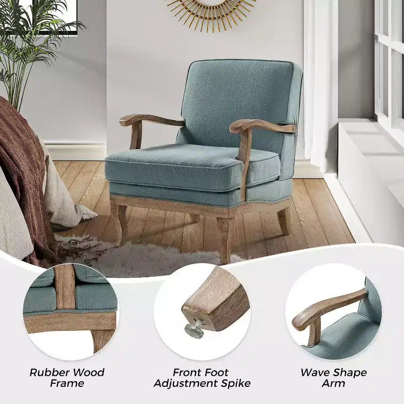 Fauteuil rembourré de style Ferme avec accoudoirs – Bleu / Gris / Ivoire / Lin / Étain, 1 place