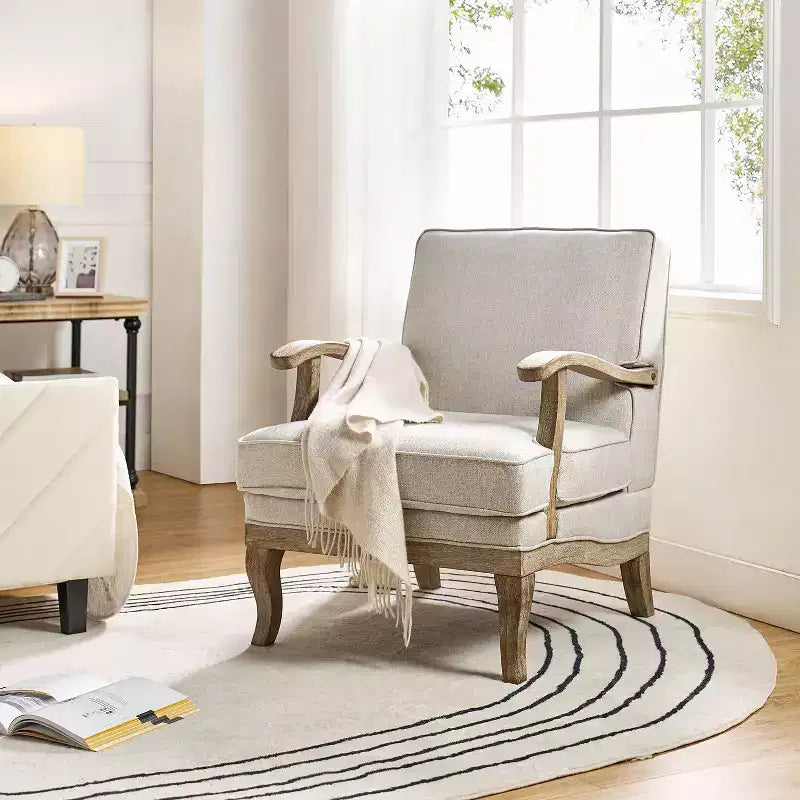 Fauteuil rembourré de style Ferme avec accoudoirs – Bleu / Gris / Ivoire / Lin / Étain, 1 place