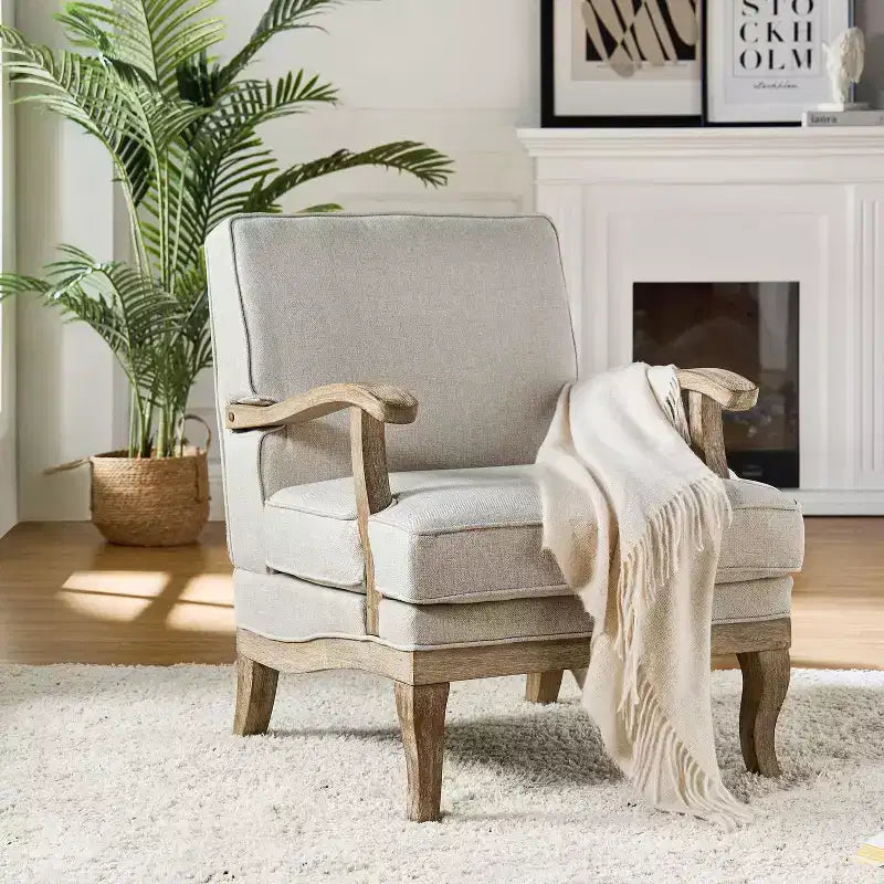 Fauteuil rembourré de style Ferme avec accoudoirs – Bleu / Gris / Ivoire / Lin / Étain, 1 place