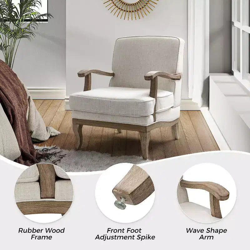 Fauteuil rembourré de style Ferme avec accoudoirs – Bleu / Gris / Ivoire / Lin / Étain, 1 place