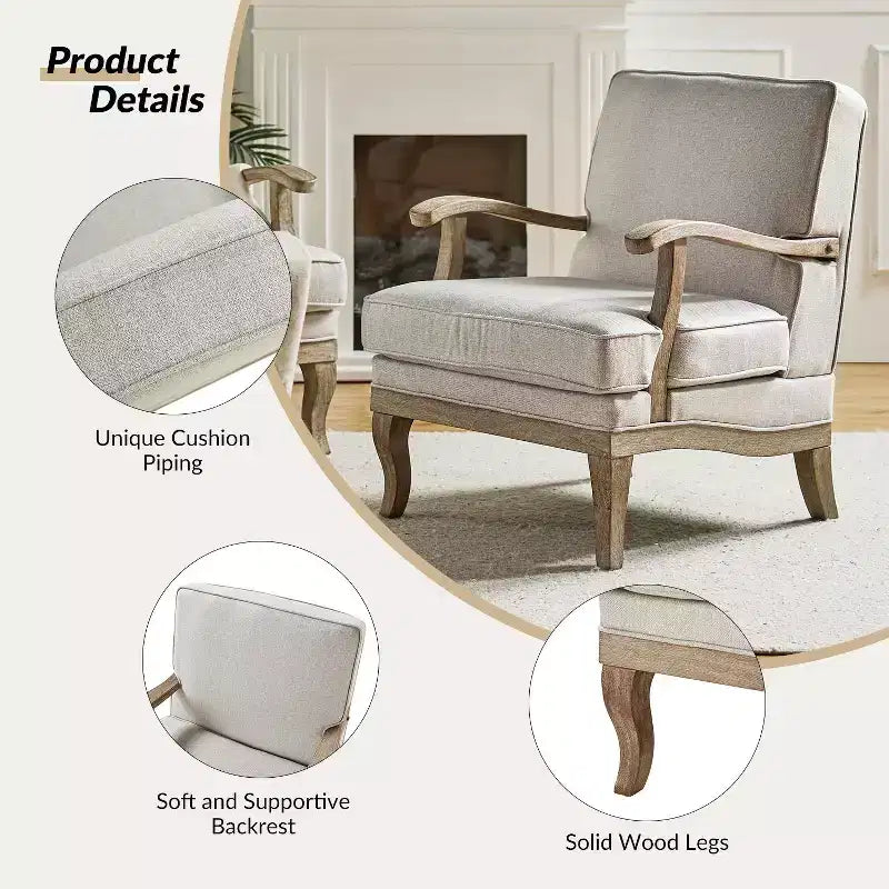 Fauteuil rembourré de style Ferme avec accoudoirs – Bleu / Gris / Ivoire / Lin / Étain, 1 place