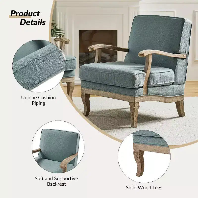 Fauteuil rembourré de style Ferme avec accoudoirs – Bleu / Gris / Ivoire / Lin / Étain, 1 place