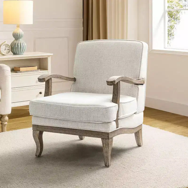 Quentin Farmhouse Style Wooden Armchair with Comfortable Backrest and Cushion| ART OF LIVING DESIGNS