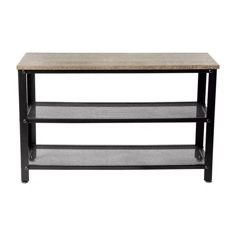 Banc de rangement à 3 niveaux avec étagères en treillis métallique – une place – Noir délavé/Brun rustique/Brun vieilli