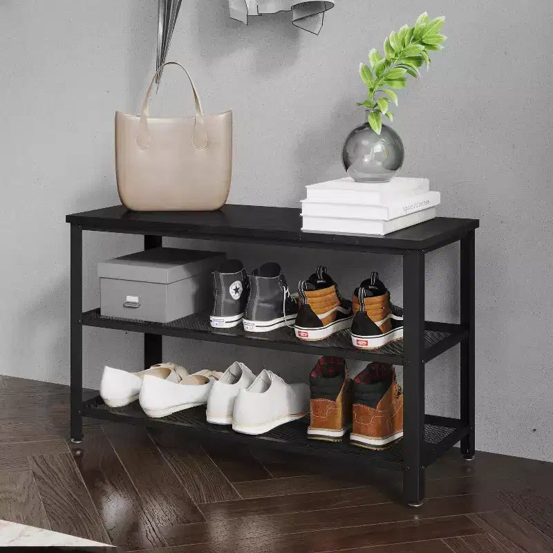Banc de rangement à 3 niveaux avec étagères en treillis métallique – une place – Noir délavé/Brun rustique/Brun vieilli
