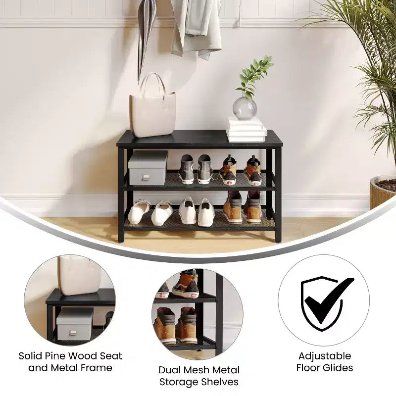 Banc de rangement à 3 niveaux avec étagères en treillis métallique – une place – Noir délavé/Brun rustique/Brun vieilli