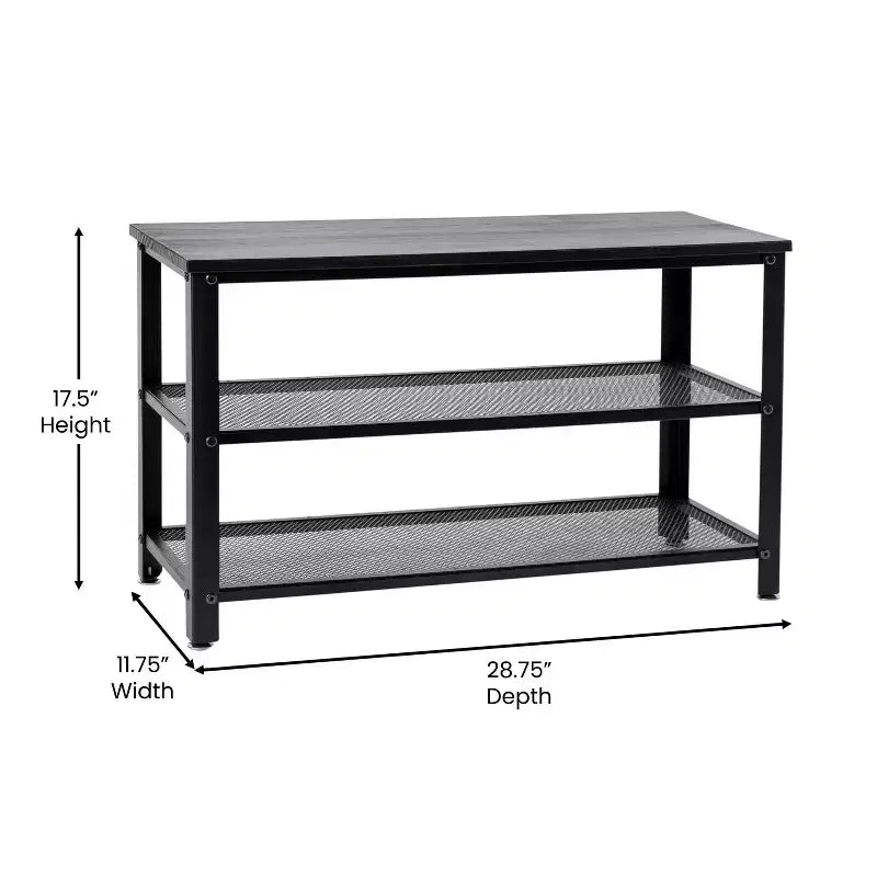 Banc de rangement à 3 niveaux avec étagères en treillis métallique – une place – Noir délavé/Brun rustique/Brun vieilli