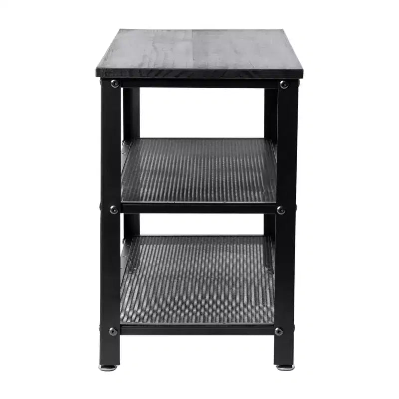 Banc de rangement à 3 niveaux avec étagères en treillis métallique – une place – Noir délavé/Brun rustique/Brun vieilli
