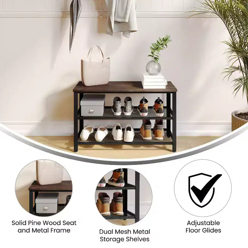 Banc de rangement à 3 niveaux avec étagères en treillis métallique – une place – Noir délavé/Brun rustique/Brun vieilli