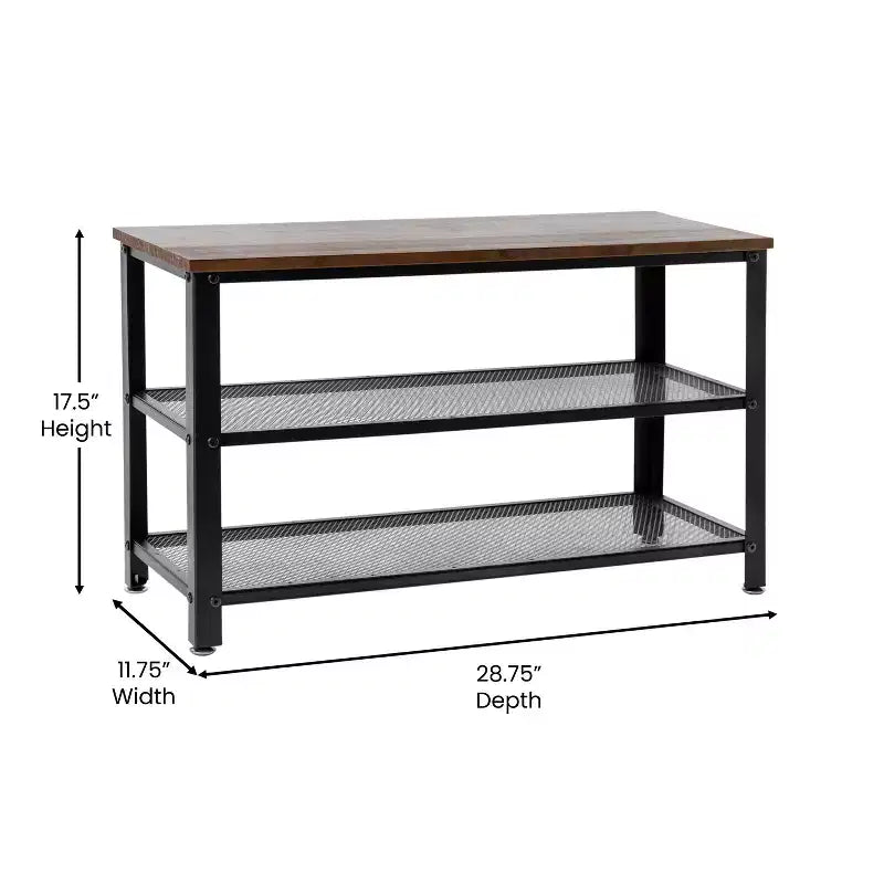 Banc de rangement à 3 niveaux avec étagères en treillis métallique – une place – Noir délavé/Brun rustique/Brun vieilli