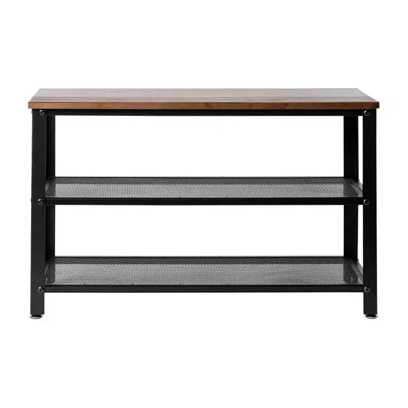 Banc de rangement à 3 niveaux avec étagères en treillis métallique – une place – Noir délavé/Brun rustique/Brun vieilli