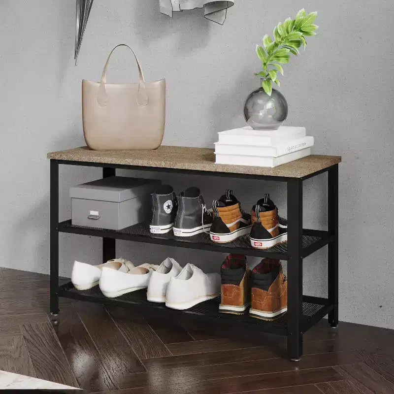 Banc de rangement à 3 niveaux avec étagères en treillis métallique – une place – Noir délavé/Brun rustique/Brun vieilli