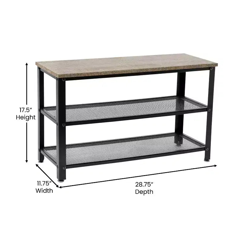 Banc de rangement à 3 niveaux avec étagères en treillis métallique – une place – Noir délavé/Brun rustique/Brun vieilli