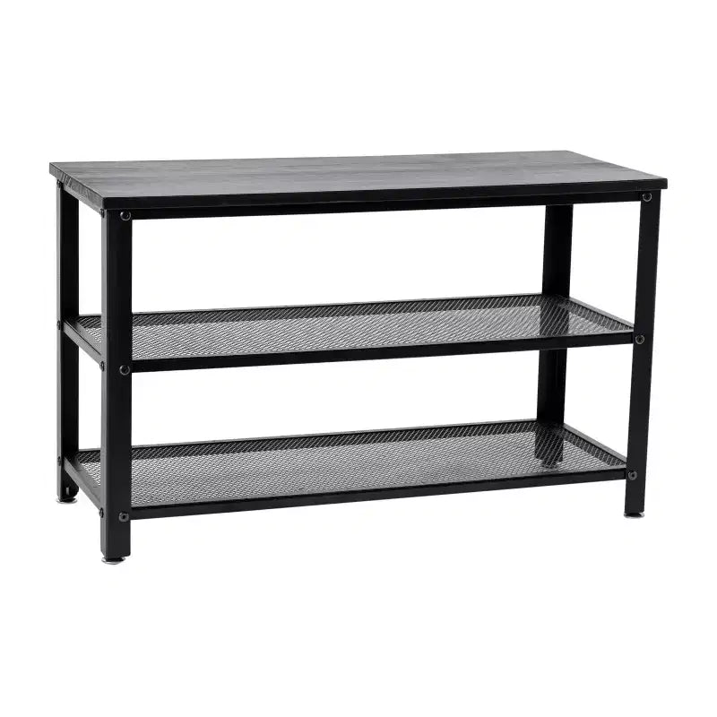 Banc de rangement à 3 niveaux avec étagères en treillis métallique – une place – Noir délavé/Brun rustique/Brun vieilli