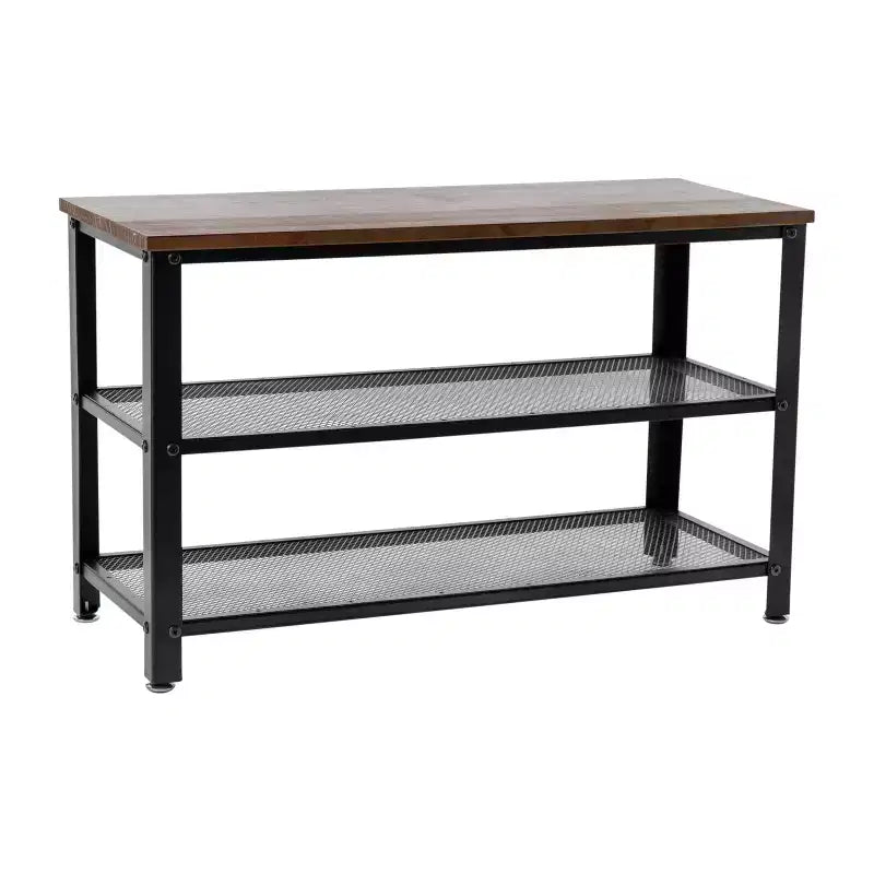 Banc de rangement à 3 niveaux avec étagères en treillis métallique – une place – Noir délavé/Brun rustique/Brun vieilli
