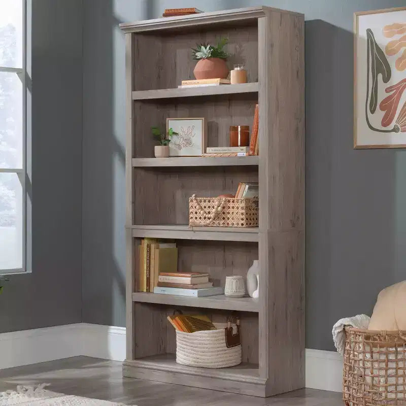 Étagère verticale à 5 tablettes, chêne Glacier / chêne Laurel / érable Pacifique, assemblage par une personne