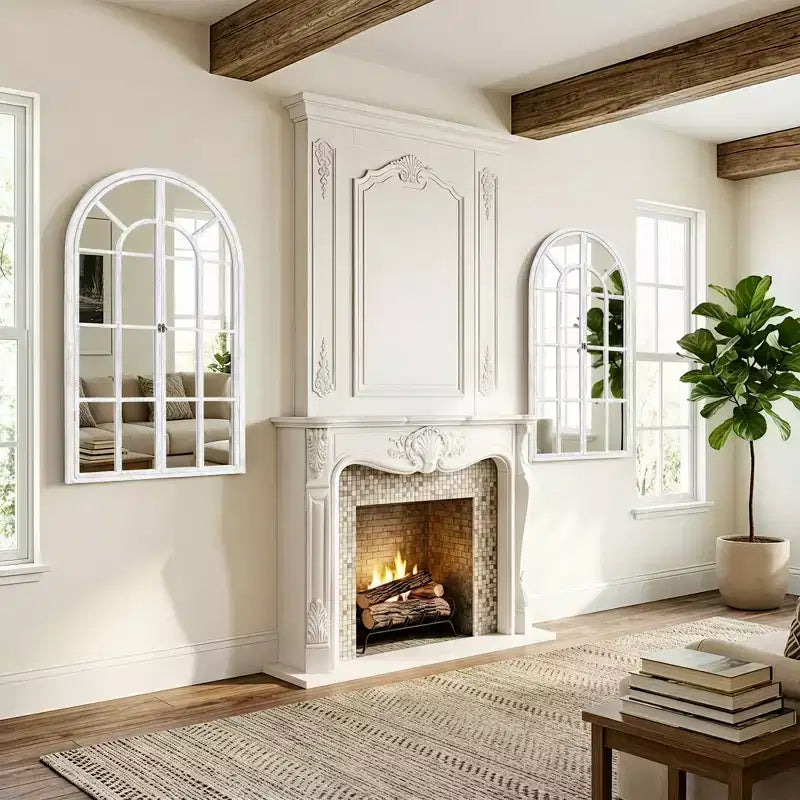 Miroir mural à cadre en bois cintré marron/blanc, 38"H x 26"W, Unitaire