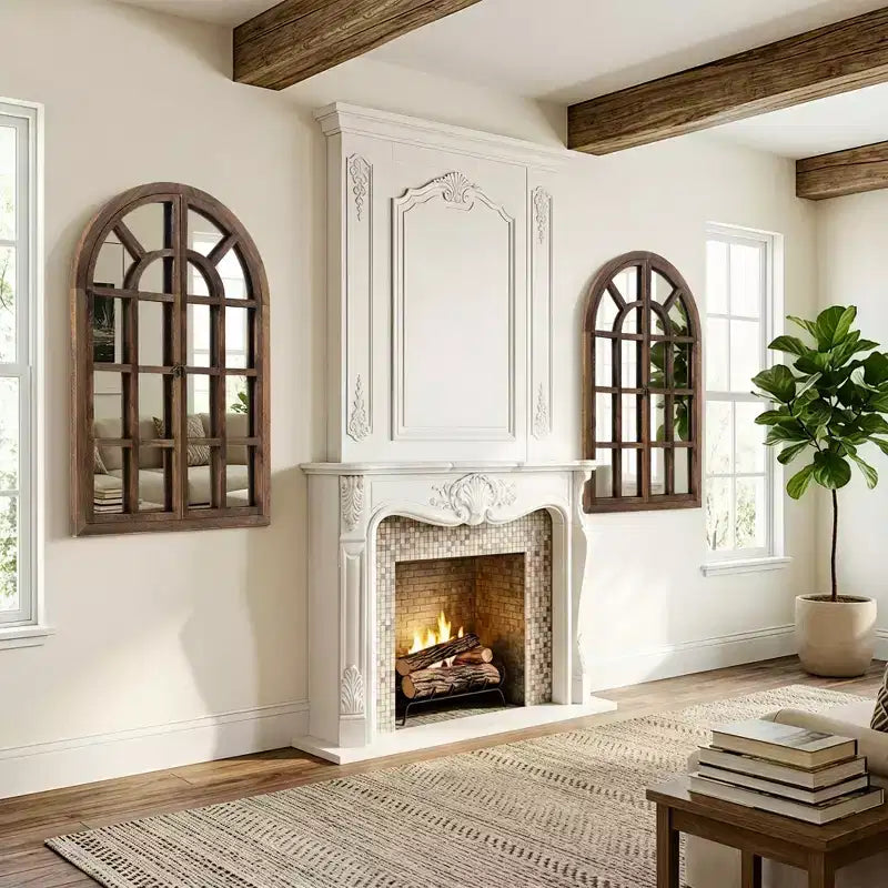 Miroir mural à cadre en bois cintré marron/blanc, 38"H x 26"W, Unitaire