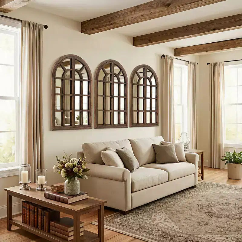 Miroir mural à cadre en bois cintré marron/blanc, 38"H x 26"W, Unitaire