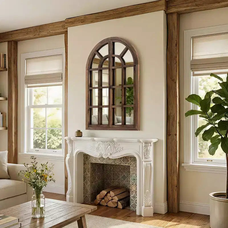 Miroir mural à cadre en bois cintré marron/blanc, 38"H x 26"W, Unitaire