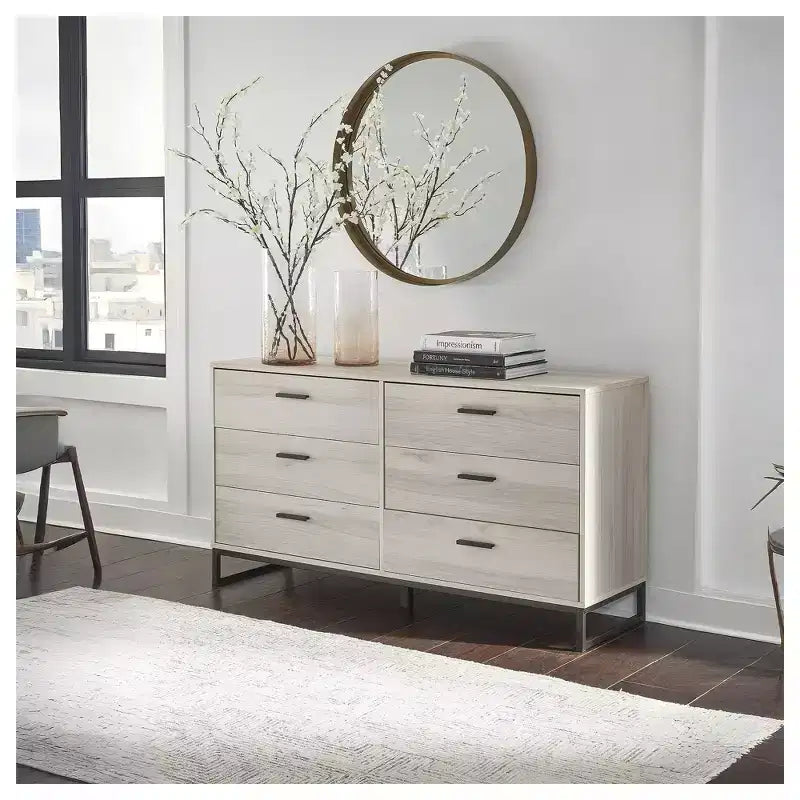 Commode à 6 tiroirs, brun clair naturel, finition grain de chêne, usage individuel
