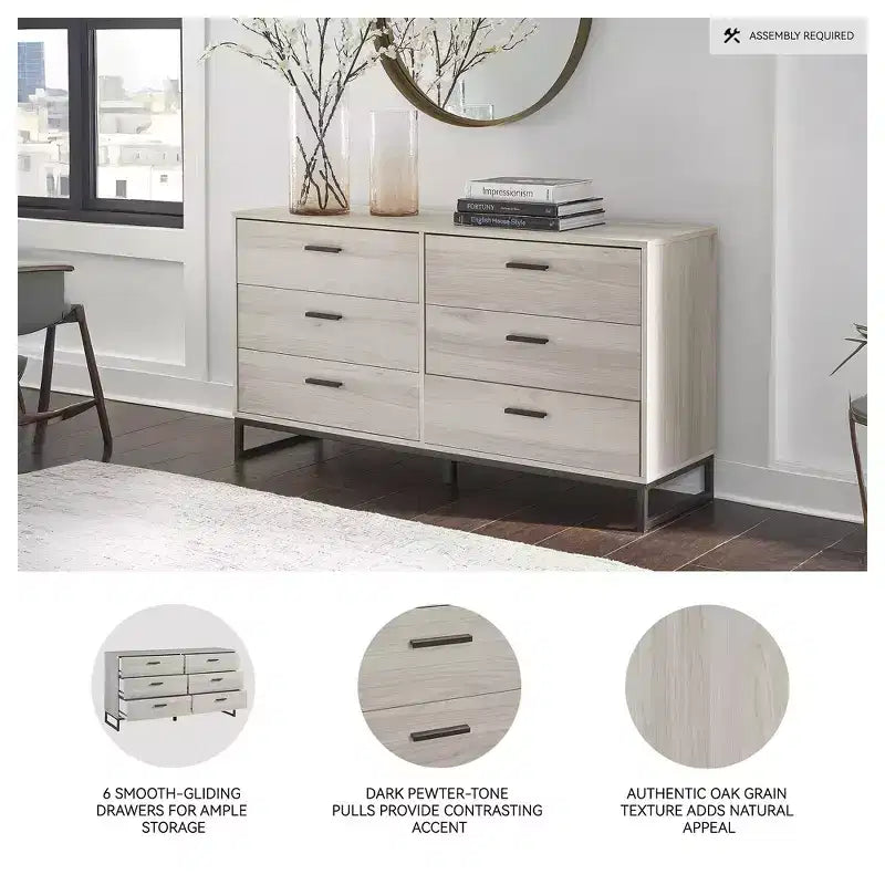 Commode à 6 tiroirs, brun clair naturel, finition grain de chêne, usage individuel